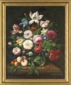 WEBSTER Thomas Roses, Camellia, Iris, Parrot Tulips And Morning Glory In A Glass Vase, With Peaches, Apricots And Grapes To The Side, On A Stone Ledge; And Camellias, Roses, Lilac, Narcissus And Parrot Tulips In A Glass Vase, With Grapes And Plums To The Side, On A Ston WEBSTER Thomas Roses, Camellia, Iris, Parrot Tulips And Morning Glory In A Glass Vase, With Peaches, Apricots And Grapes To The Side, On A Stone Ledge; And Camellias, Roses, Lilac, Narcissus And Parrot Tulips In A Glass Vase, With Grapes And Plums To The Side, On A Ston