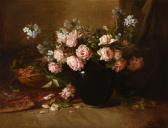 WHITE Edith Pink Roses With Oriental Rug Still Life WHITE Edith Pink Roses With Oriental Rug Still Life
