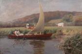 WILD Frank Percy Couple Sailing On A River Passing Cattle In A Field WILD Frank Percy Couple Sailing On A River Passing Cattle In A Field