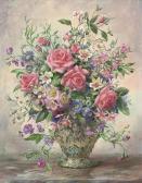 WILLIAMS Albert Roses, Oriental Lilies, Carnations, Fuschias And Daisies In An Ornate Vase WILLIAMS Albert Roses, Oriental Lilies, Carnations, Fuschias And Daisies In An Ornate Vase