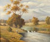 WILSON P. Stream And Fishermen With Mountains And Trees WILSON P. Stream And Fishermen With Mountains And Trees
