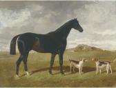 WOOLLETT Henry A. A Dark Brown Hunter With Two Hounds In A Landscape, With Brindlechurch, Lancashire, Beyond WOOLLETT Henry A. A Dark Brown Hunter With Two Hounds In A Landscape, With Brindlechurch, Lancashire, Beyond