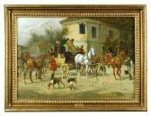 WRIGHT George Hounds Meeting Outside A Coaching Inn, With The Manchester To London Coach Changing Horses Outside WRIGHT George Hounds Meeting Outside A Coaching Inn, With The Manchester To London Coach Changing Horses Outside