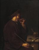 WULFRAET Mathijs A Young Man Seated At A Table Holding A Cigar In One Hand And A Pipe In The Other; An Allegory Of Smell WULFRAET Mathijs A Young Man Seated At A Table Holding A Cigar In One Hand And A Pipe In The Other; An Allegory Of Smell