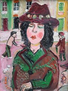 Fred Yates - Portrait Of A Lady In The Street With Figures Passing By