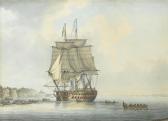 YATES Thomas, Lieutenant A '74' Being Warped Into Portsmouth Harbour In A Calm, With Ships Of The Fleet Lying In Spithead Beyond YATES Thomas, Lieutenant A '74' Being Warped Into Portsmouth Harbour In A Calm, With Ships Of The Fleet Lying In Spithead Beyond