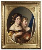 ZADORECKI Marcel Johann Zadorecki, M. Johann . Two Girls With Palette And Brushes At An Easel ZADORECKI Marcel Johann Zadorecki, M. Johann . Two Girls With Palette And Brushes At An Easel