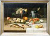 ZINKE E. Prachtvolles Stillleben Mit Fischen, Austern, Hummer, Früchten Und Champagnerflasche ZINKE E. Prachtvolles Stillleben Mit Fischen, Austern, Hummer, Früchten Und Champagnerflasche