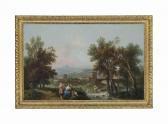 ZUCCARELLI Francesco A Wooded Landscape With Washerwomen By A River, A Pedlar On A Path Nearby, A Town And Hills Beyond ZUCCARELLI Francesco A Wooded Landscape With Washerwomen By A River, A Pedlar On A Path Nearby, A Town And Hills Beyond