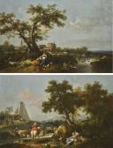 ZUCCARELLI Francesco Landscape With A River, A Shepherd, Washerwomen And A Fisherman On The Bank, A Town Beyond Landscape With A Pyramid Beside A River And A Bridge, With A Drover, And A Lady On Horseback Passing A Family On The Bank ZUCCARELLI Francesco Landscape With A River, A Shepherd, Washerwomen And A Fisherman On The Bank, A Town Beyond Landscape With A Pyramid Beside A River And A Bridge, With A Drover, And A Lady On Horseback Passing A Family On The Bank