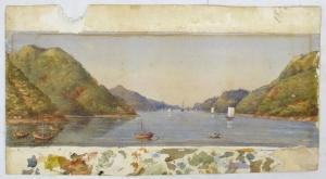 ÉCOLE DE HONG KONG,Ships and junks on a narrow inlet, with figures an,Dickins GB 2019-02-04