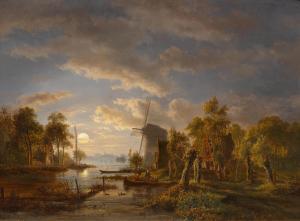 ABELS Jacobus Theodorus,River landscape with mill by moonlight,1850,Galerie Koller 2021-10-01