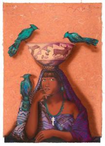 Abeyta Tony 1965,Woman with Three Bluejays,Santa Fe Art Auction US 2024-03-14