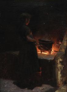 ACHEN Georg Nikolaj,A girl watching the fire in a farmers kitchen,1887,Bruun Rasmussen 2024-04-08