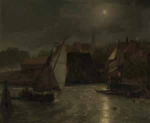ACHENBACH Andreas 1815-1910,Boats on a canal, moonlight,1890,Christie's GB 2023-12-14