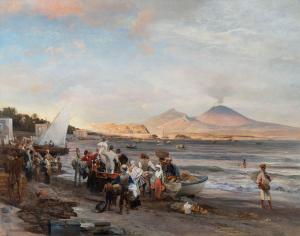 ACHENBACH Oswald 1827-1905,La spiaggia di Mergellina al tramonto,1878,Blindarte IT 2024-04-10