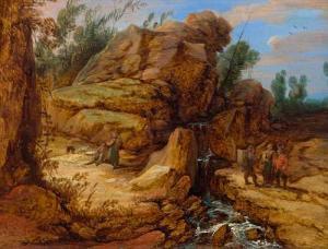Achtschellinck Lucas 1626-1699,Rocky landscape with waterfall and figures,Galerie Koller 2020-09-25