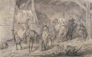 ADAM Eugen 1817-1880,Soldaten mit ihren Pferden in einer Scheune (aus d,Palais Dorotheum 2022-04-13