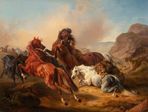 ADAM Franz 1815-1886,Horses attacked by lions,1846,Sotheby's GB 2021-11-10
