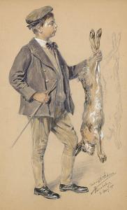 ADAM Richard Benno 1873-1937,Treiberjunge mit einem Hasen, am rechten Rand ein,1911,Winterberg Arno 2023-10-21
