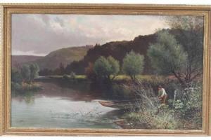 ADAMS A,Fisherman Pushing on a River with Wooded Hills Bey,Simon Chorley Art & Antiques 2015-09-22