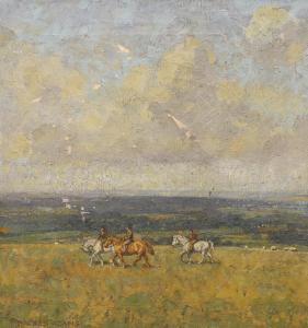 ADAMS William Dacre 1864-1951,three horse and riders overlooking South Downs,Gorringes GB 2023-09-04