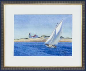 ADAMS William W,A sailboat off a lighthouse,1935,Eldred's US 2019-11-07