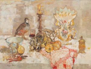 ADNET Francoise 1924-2004,a still life with a vase, onions, candle, red wine,Mallams GB 2023-07-17