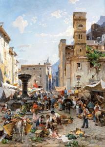 AERNI Franz Theodor,Il mercato in piazza - Costiera Amalfitana,Casa d'Aste Arcadia 2022-06-14