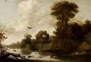 AERNOUTS ELSEVIER Louwys,Lake landscape with duck decoys, herons and other ,Sotheby's 2021-12-09