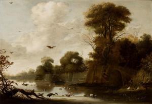 AERNOUTS ELSEVIER Louwys,Lake landscape with duck decoys, herons and other ,Sotheby's 2021-03-24