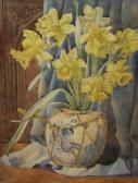 AGASE E K,Still Life Study of Daffodils in a Blue and White Ginger Jar on a Drape,Keys GB 2009-02-06