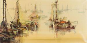 AGUILAR AGON Jorge 1936,FISHING BOATS IN A SPANISH HARBOUR,Ross's Auctioneers and values 2024-01-24