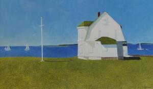 AKERS Gary 1951,Maine Coastal Scene with White Dutch Colonial House,Burchard US 2015-07-26