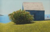 AKERS Gary 1951,Maine Shore Scene with Flowering Bush and Shed,Burchard US 2015-07-26