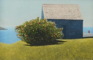 AKERS Gary 1951,Maine Shore Scene with Flowering Bush and Shed,Burchard US 2015-09-20