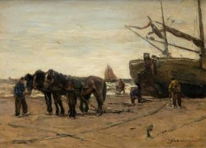 AKKERINGA Johannes Evert 1861-1942,Horses pulling a bomschuit on the beach,Venduehuis NL 2023-11-16