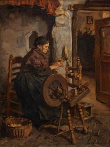 AKKERINGA Johannes Evert 1861-1942,Vrouw aan het spinnenwiel bij de schouw,Venduehuis NL 2024-02-28