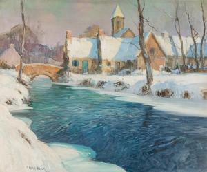 ALDRICH George Ames 1872-1941,Winter Village Scene with River,Hindman US 2023-10-17