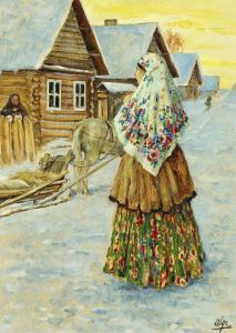 ALEKSANDROVNA Olga,“Home\”. Winter day in a Russian village with a wo,Bruun Rasmussen 2018-11-30