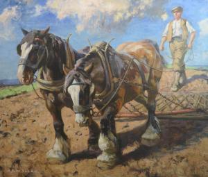 ALLAN Archibald Russell W 1878-1959,HEAVY HORSES HARROWING,Great Western GB 2022-06-17