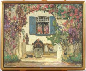ALLARD L'OLIVIER Fernand 1883-1933,Femme tricotant dans une cour fleurie,VanDerKindere BE 2024-02-13