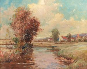 ALLERTON E.H 1900-1900,Autumnal Stream with Village in the Distance,Burchard US 2020-04-19