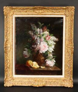 ALLOUARD Edmond,Bouquet de fleurs et fruits sur entablement,19th century,Auxerre Enchères 2023-09-03