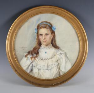 ALSTON Charlotte M 1887-1914,Tondo Half Length Portrait of a Young Lady wearin,1908,Tooveys Auction 2023-07-12