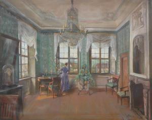 AMANN Fritz 1878-1969,Frau am Fenster in Schloss-Zimmer,Wendl DE 2017-06-15
