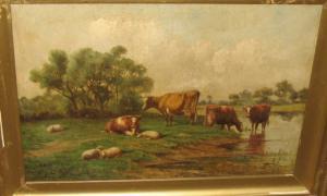 AMERICAN SCHOOL,Cows and sheep resting beside a stream, 191,1901,Ivey-Selkirk Auctioneers 2006-06-16