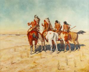 AMERICAN SCHOOL,Four Indians on horseback looking across a valley,John Moran Auctioneers 2018-06-19