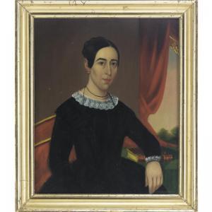 AMERICAN SCHOOL,PORTRAIT OF A LADY SEATED AT A GREEN TABLE WITH RED CURTAINS,Sotheby's GB 2007-01-19