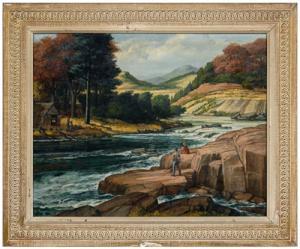 AMERICAN SCHOOL,Two figures by a river watching a man chop wood,1950,Brunk Auctions US 2009-07-11
